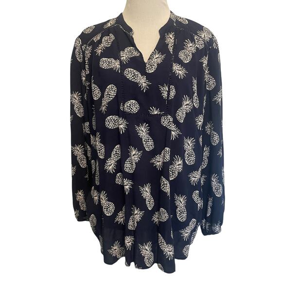 LOFT Navy Pineapple Top Womens Large Ladder Lace Novelty Popover Blouse - Picture 1 of 7